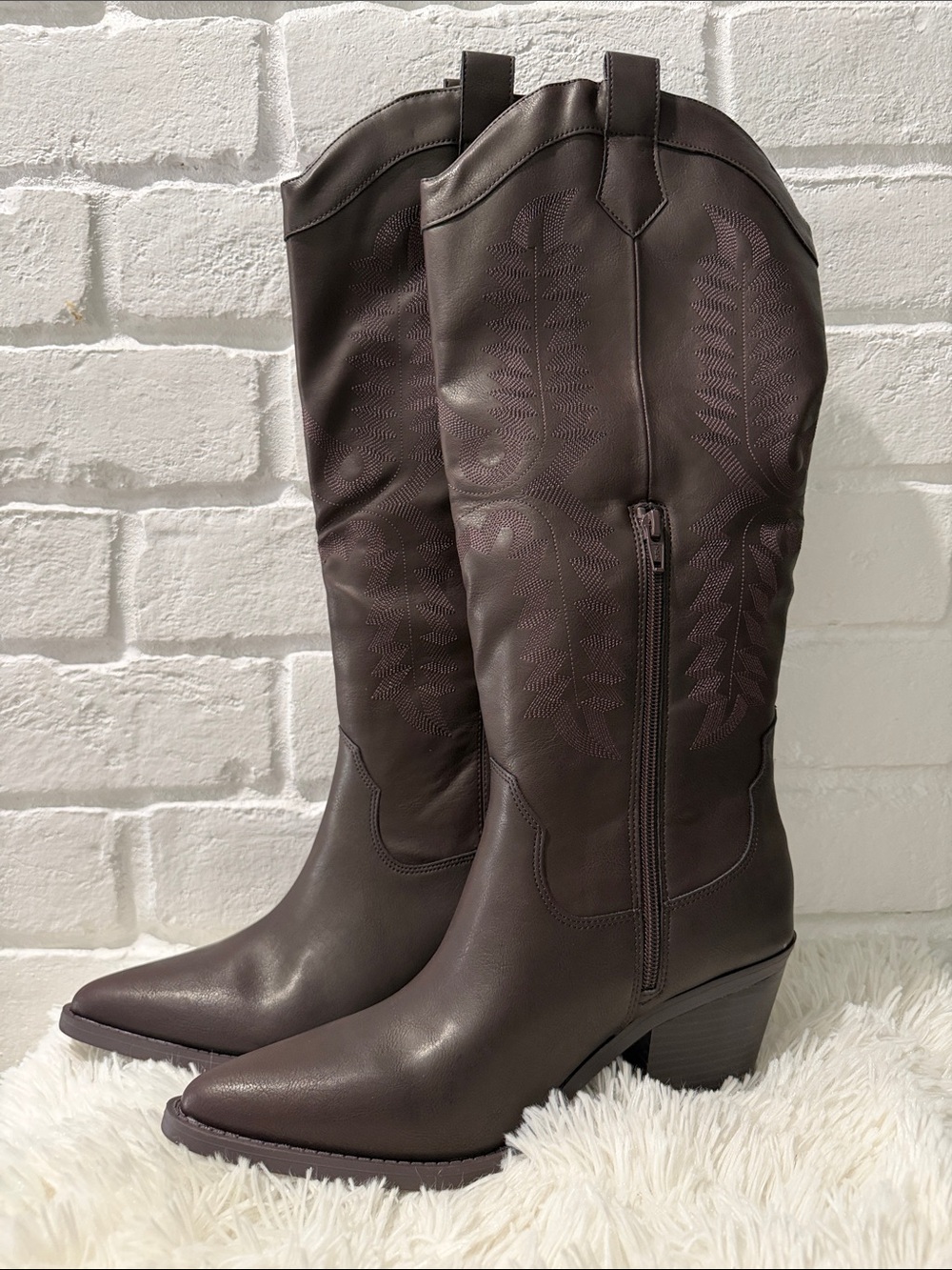 Sun + Stone Dark Brown Western Knee-High Heeled Boots
